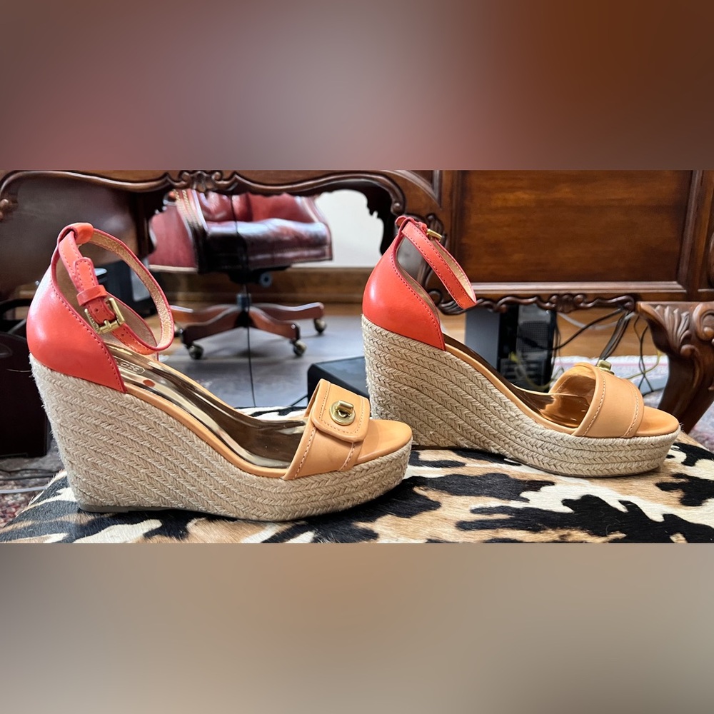 Coach “Glinda” Orange and Tan Leather Wedge Espadrille Sandals